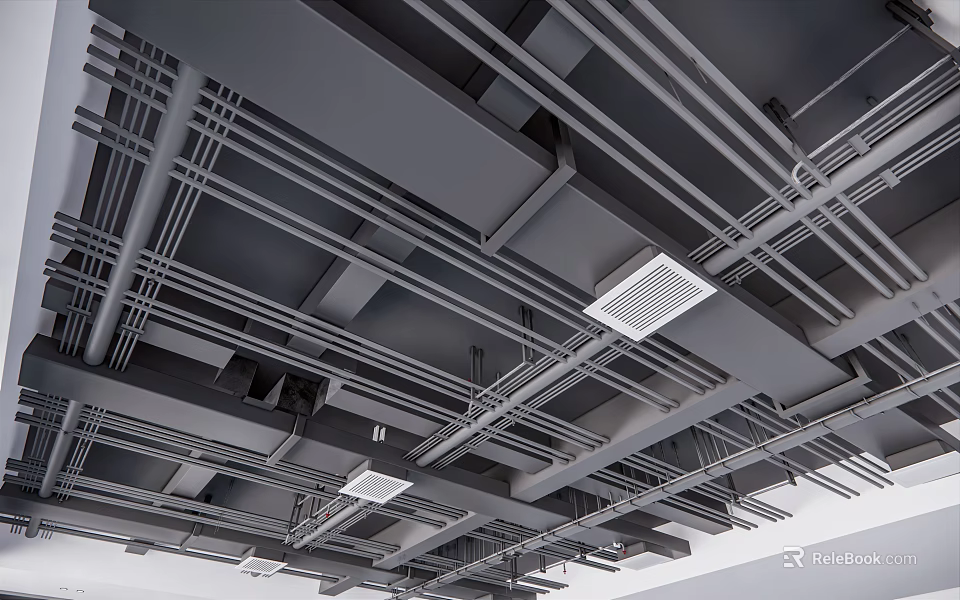 Industrial Ceiling Structure With Exposed Metal Beams Pipes And Ventilation Grilles 3d model 