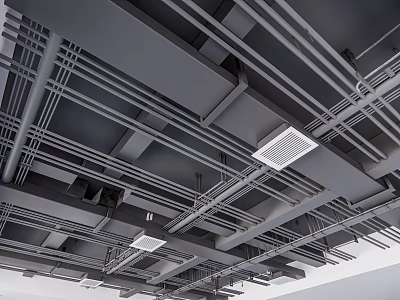 Industrial Ceiling Structure With Exposed Metal Beams Pipes And Ventilation Grilles 3d model