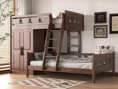 Wooden bunk bed with ladder and storage cabinet striped bedding wall art and area rug 3d model