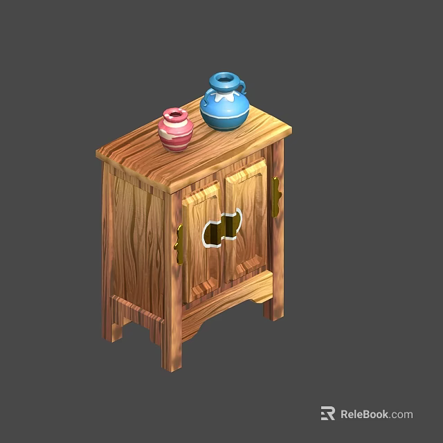 Wooden Storage Cabinet Featuring Two Blue And Pink Vases On Top With Doors 3d model 