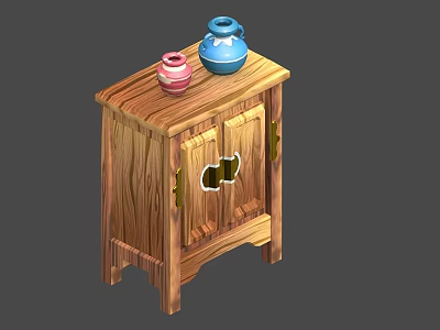 Wooden Storage Cabinet Featuring Two Blue And Pink Vases On Top With Doors 3d model