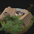 Cartoon Rural Scene With Thatched Roof Huts Wooden Cart And Green Trees