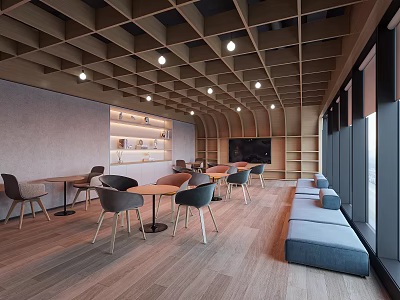 Modern Leisure Space Interior With Wooden Ceiling Round Tables Gray Chairs And Blue Sofas 3d model