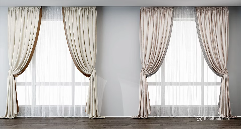 Elegant Beige Curtains With Sheer Panels And Tiebacks For Window Decor 3d model 