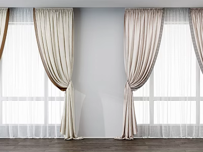 Elegant Beige Curtains With Sheer Panels And Tiebacks For Window Decor 3d model