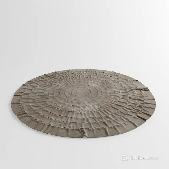 Neutral Toned Round Rug with Textured Ruffled Edges and Concentric Patterns 3d model 