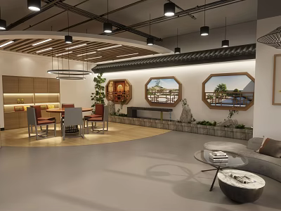 Cozy Modern Leisure Area Interior With Sofa Coffee Table Hanging Lights And Green Plants 3d model