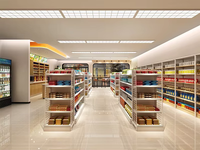 Modern Supermarket Store Interior With Well Arranged Shelves Various Goods Bright Aisles And Ceiling Lighting 3d model
