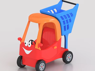 Electric Toy Car with Red Body Orange Roof Blue Shopping Basket Smiling Face for Kids 3d model