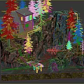 Cartoon Scene of Cliffside Cabin with Waterfall Pine Trees and Lake Boat