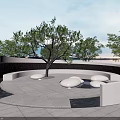 Tranquil Circular Garden Landscape with Central Tree Circular White Seats Stone Pavement and Surrounding Trees