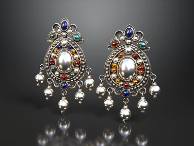 Elegant Vintage Earrings Design With Colored Gemstones And Pearl Decorations 3d model