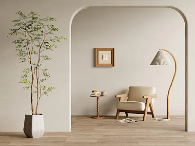Cozy Accent Chair With Wooden Frame Side Table Floor Lamp Green Plant In Arched Room 3d model
