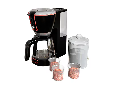 Modern Black Coffee Maker With Glass Carafe Transparent Canister And Measuring Cups With Coffee Beans 3d model