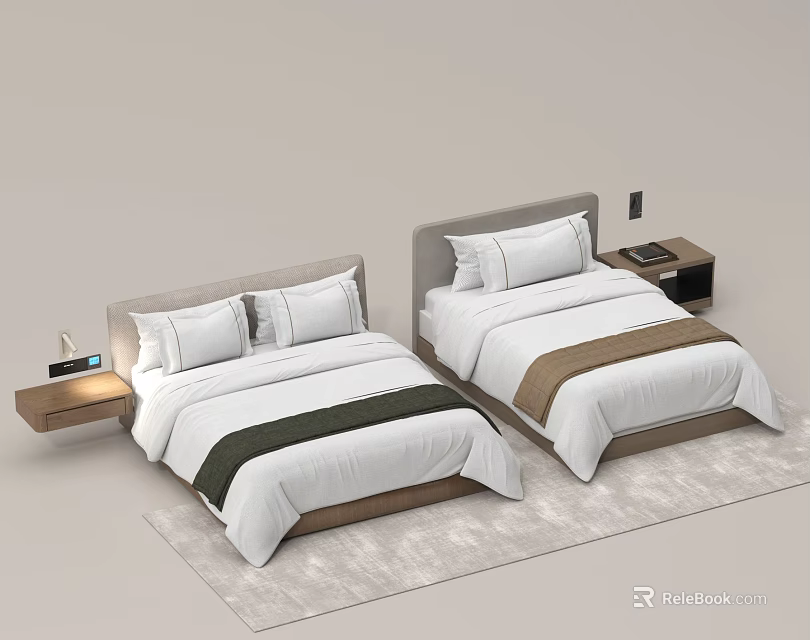 Modern Double Bed Interior With White Bedding Accent Stripes And Nightstands 3d model 