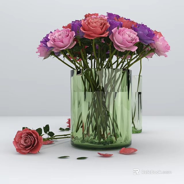 Green Glass Vase With Pink And Purple Roses Fallen Rose And Petals On White Surface 3d model 