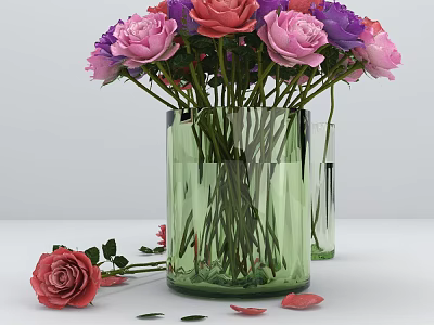 Green Glass Vase With Pink And Purple Roses Fallen Rose And Petals On White Surface 3d model