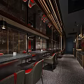 Luxurious Restaurant Interior With Black Marble Floors Red Floral Decor And Modern Lighting