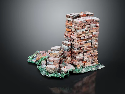 Miniature Stacked Brick Tower Structure With Green Mossy Base Elements 3d model
