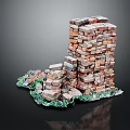 Miniature Stacked Brick Tower Structure With Green Mossy Base Elements
