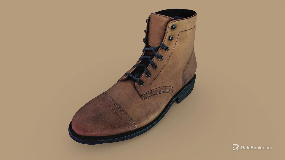 Brown Leather Lace Up Casual Boots With Classic Design And Black Sole 3d model 