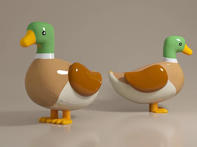 Two Toy Aquatic Animal Ducks With Green Head Yellow Beak Brown Body And White Belly 3d model