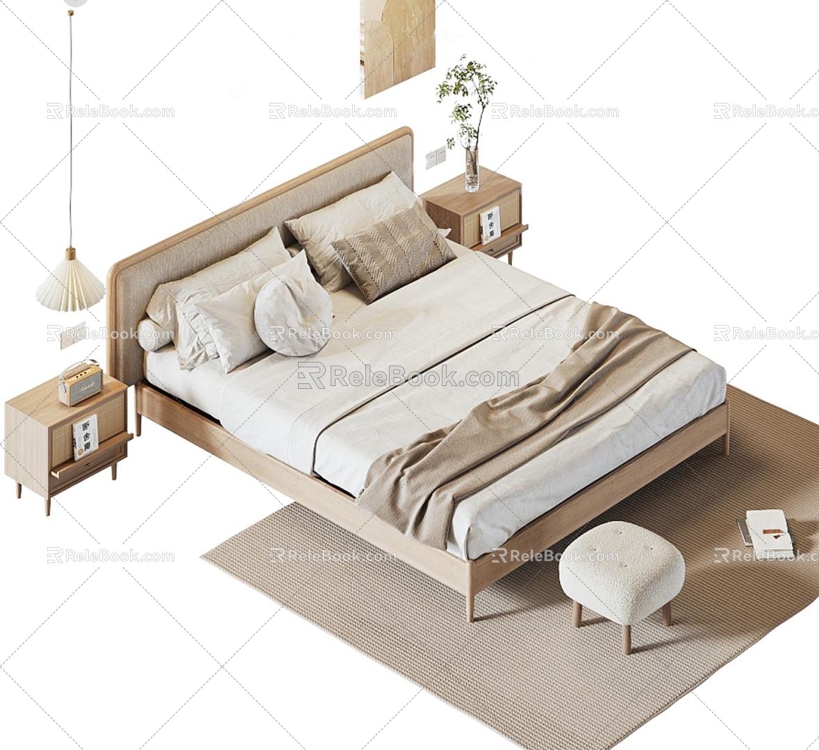 Quiet Wind Double Bed Bedside Cabinet 3d model