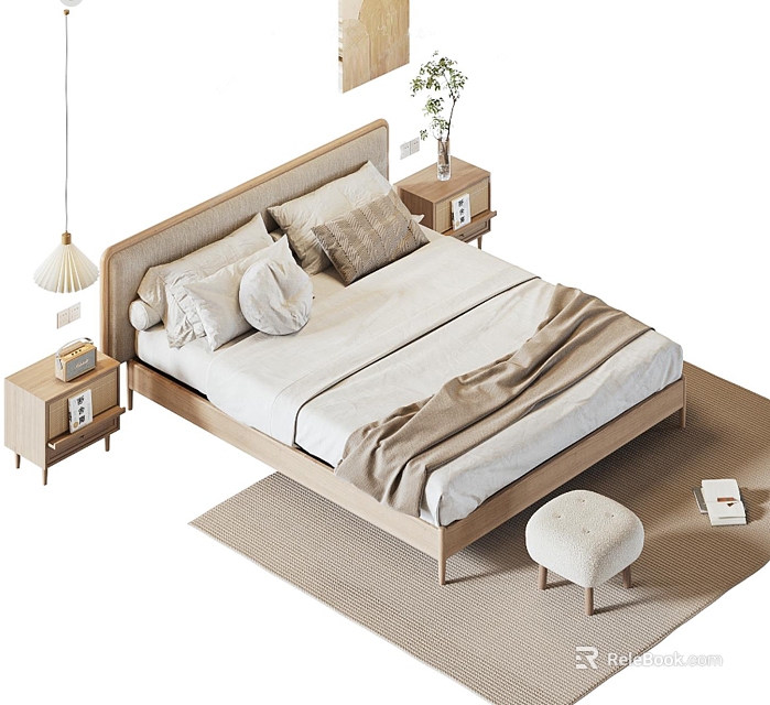 Cozy Double Bed With Soft Pillows Neutral Blanket Wooden Nightstands And Beige Rug 3d model 