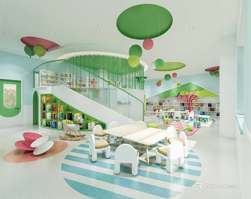 Vibrant Kindergarten Interior with Green Pink Circular Pendant Lights Bookshelves and Colorful Seats 3d model 