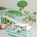 Vibrant Kindergarten Interior with Green Pink Circular Pendant Lights Bookshelves and Colorful Seats