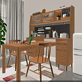 Wooden Dining Table Set With Chairs Storage Cabinet Shelves Kitchenware And Natural Light