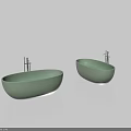 Two Light Green Oval Bathtubs With Water And Silver Faucets On Light Gray Background