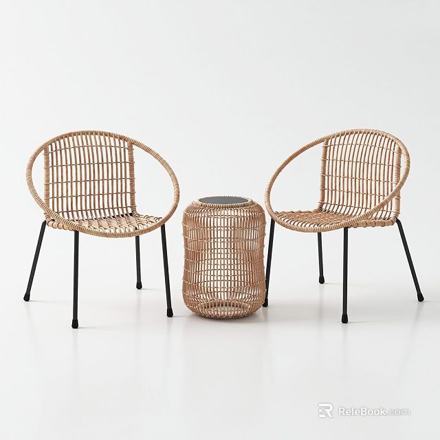 Two Rattan Outdoor Chairs with Modern Design Rattan Side Table and Black Metal Legs 3d model 