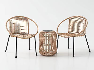 Two Rattan Outdoor Chairs with Modern Design Rattan Side Table and Black Metal Legs 3d model