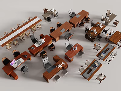Various Office Desks With Wooden Designs And Matching Chairs In Modern Styles 3d model