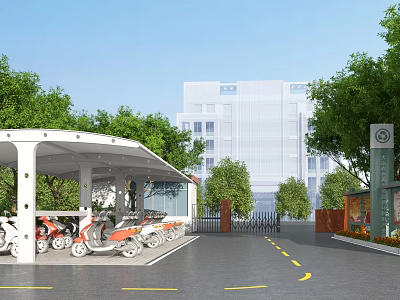 Outdoor Covered Parking Canopy for Electric Scooters with Trees and Modern Building 3d model