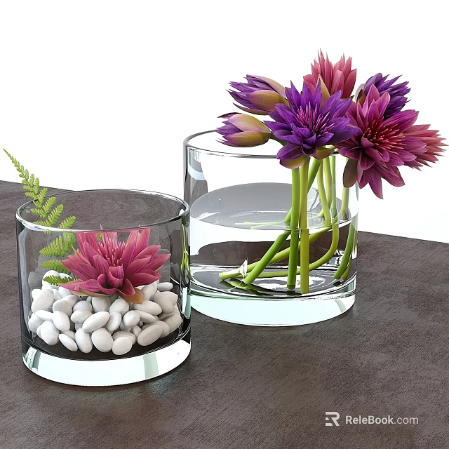 Decorative Ornament Set With Transparent Glass Vases Pink Purple Flowers Fern And White Pebbles 3d model 