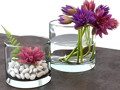 Decorative Ornament Set With Transparent Glass Vases Pink Purple Flowers Fern And White Pebbles 3d model