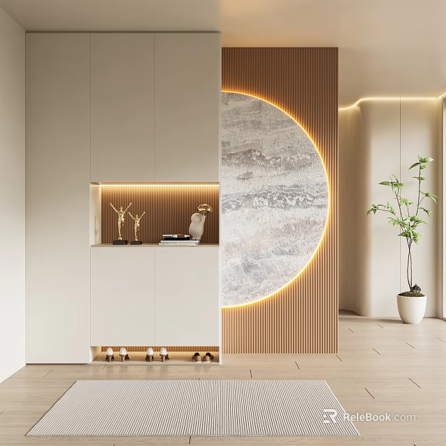 Modern Shoe Cabinet Interior Design With White Built in Light Strips Circular Marble Decoration And Plant 3d model 