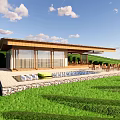 Scenic Green Hillside Landscape With Terraced Fields Pond Winding Path Small Building Under Blue Sky
