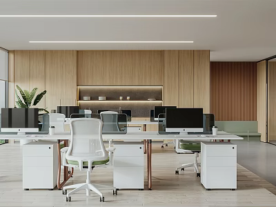 Modern Public Office Space With Wooden Walls Desks Chairs And Green Plants 3d model