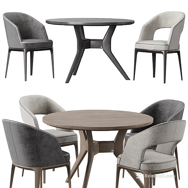 Modern Round Wooden Dining Table With Stylish Gray Upholstered Chairs Set 3d model