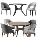 Modern Round Wooden Dining Table With Stylish Gray Upholstered Chairs Set 3d model