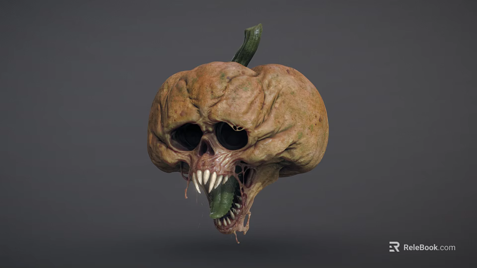 Grotesque Pumpkin Head Monster With Skull Features Sharp Fangs And Extended Green Tongue 3d model 