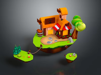 Cartoon Style Small Building with Orange Roof Red White Awning Green Trees and Floating Platforms 3d model