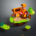 Cartoon Style Small Building with Orange Roof Red White Awning Green Trees and Floating Platforms