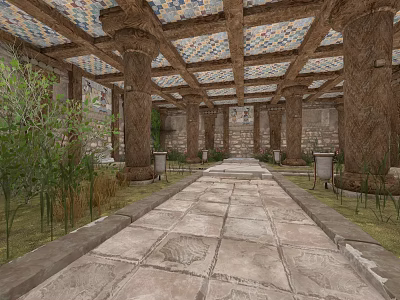 Classical Architecture Corridor With Stone Paved Floor Tall Columns And Colorful Ceiling 3d model