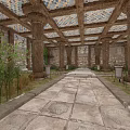 Classical Architecture Corridor With Stone Paved Floor Tall Columns And Colorful Ceiling
