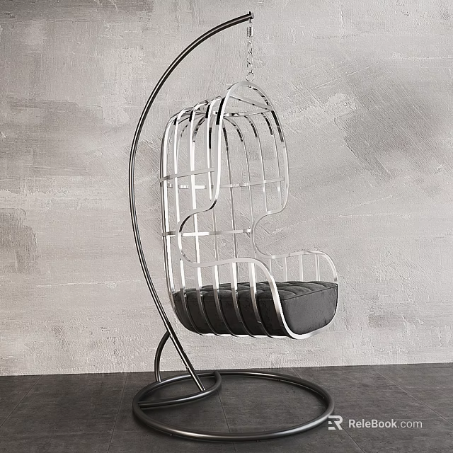 Modern Hanging Chair with Metal Grid Frame and Gray Cushion on Gray Wall Dark Floor 3d model 