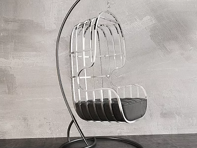 Modern Hanging Chair with Metal Grid Frame and Gray Cushion on Gray Wall Dark Floor 3d model